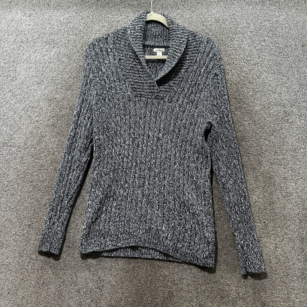 LL Bean Pullover Sweater Women Large Gray Cable Knit Shawl Neck Minimalist Cozy